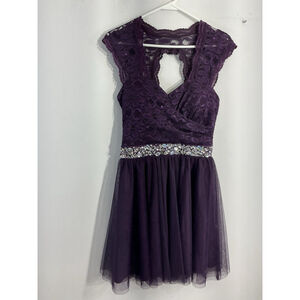 Junior Girls Deb Size 7 Purple Prom Dress Lined Tulle Lace Satin Rhinestone